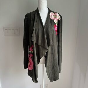 V CRISTINA Olive Faux Suede Embroidered Long Sleeve Cardigan Jacket Size M